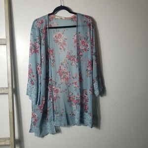 LIKE NEW REWIND WOMEN'S LIGHTWEIGHT FLORAL LACE TRIM CARDIGAN